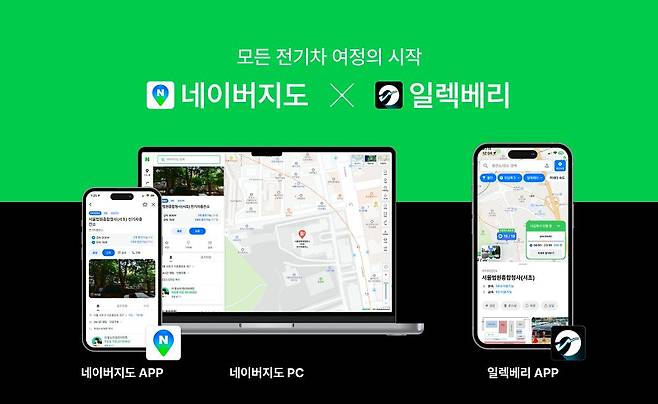 네이버지도 및 일렉베리 전기차 충전소 정보 (사진 제공=티비유)