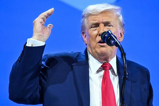 도널드 트럼프 대통령이 21일 스위스 다보스에서 열린 세계경제포럼(WEF) 제56차 연차총회에서 연설하고 있다. AFP=연합뉴스