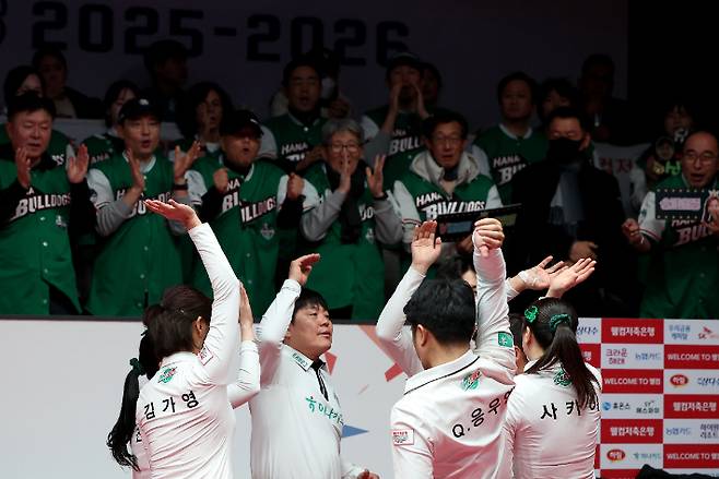 역대 프로당구 팀 리그 최초의 2회 우승을 이룬 하나카드 선수들. PBA