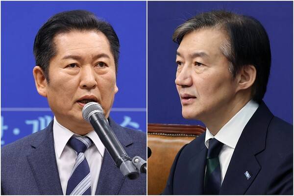 더불어민주당 정청래 대표(왼쪽)와 조국혁신당 조국 대표. 연합뉴스 자료사진