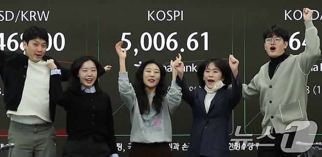 22일 오전 서울 중구 하나은행 본점 딜링룸 현황판에 코스피 지수가 장중 5000p를 넘으며 개장하자 직원들이 환호하고 있다. 2026.1.22/뉴스1 ⓒ News1 박지혜 기자