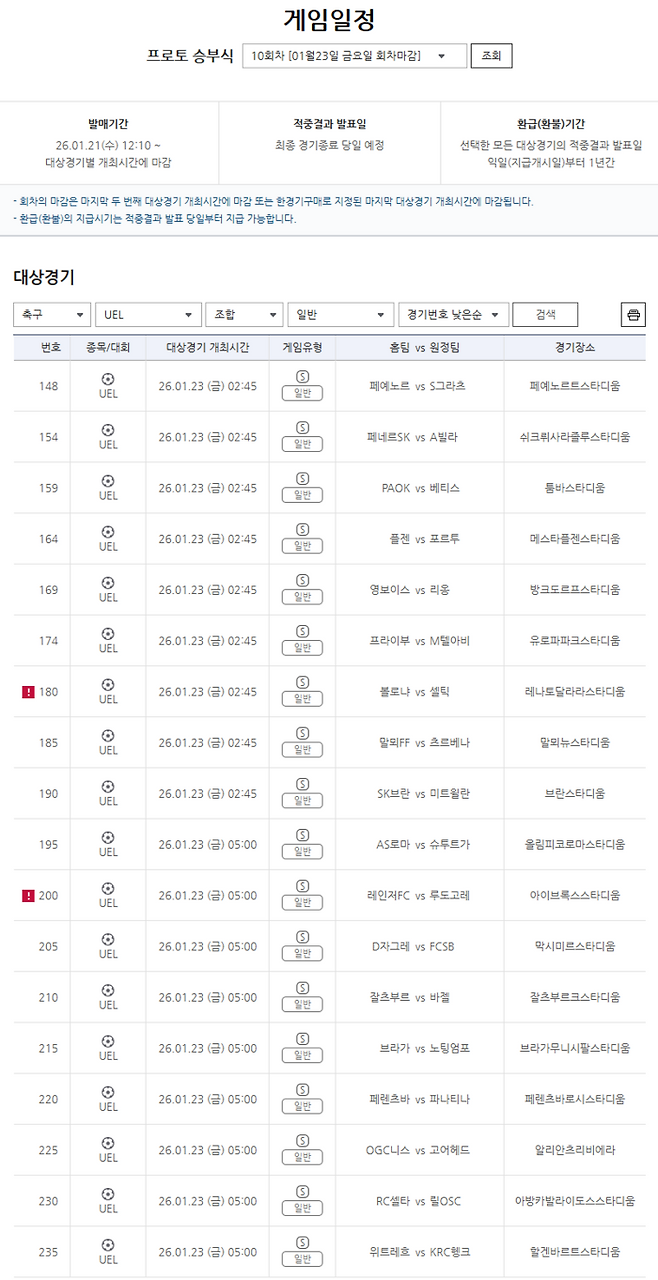 프로토 10회차, UEFA 유로파리그 리그 페이즈 대상 일반 게임 정보. 사진 | 한국스포츠레저