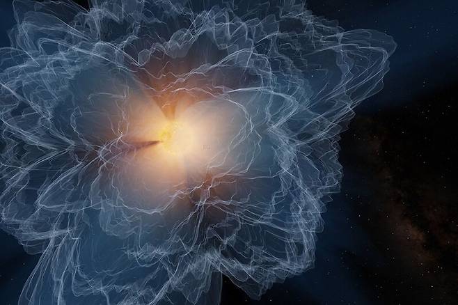 태양 대기의 경계인 알프벤면을 묘사한 그림. 태양풍의 속도가 자기장을 벗어나는 지점이다. 이 지점을 벗어난 물질은 다시는 되돌아올 수 없다. 나사의 파커 태양 탐사선의 탐사 데이터와 유럽우주국의 솔라오비터, 지구에서 150만km 떨어진 지점에 있는 태양관측위성의 측정 데이터를 결합해 완성했다. 하버드-스미소니언천체물리학센터 제공