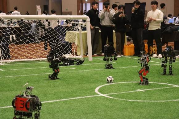 지난 2월 '한국로보컵오픈 2025' 휴머노이드 축구 부문 키즈 사이즈 종목 경기가 열리고 있다. [사진=변정욱씨 제공]