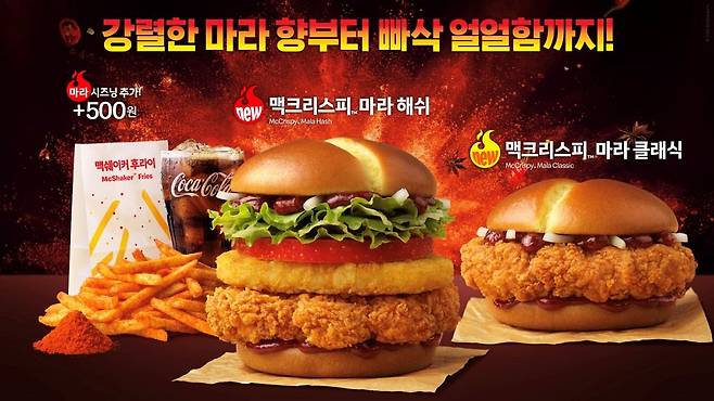 맥도날드가 마라의 화끈한 풍미를 살린 ‘맥크리스피 마라 버거’ 2종을 출시했다. 사진 한국맥도날드