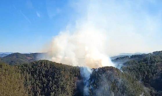 Forestry authorities battle a fire after flames break out at a farm shed used as a storage space in Jiphyeon-myeon, Jinju, South Gyeongsang, and spread to a nearby wooded hill on Jan. 22. [KOREA FOREST SERVICE]