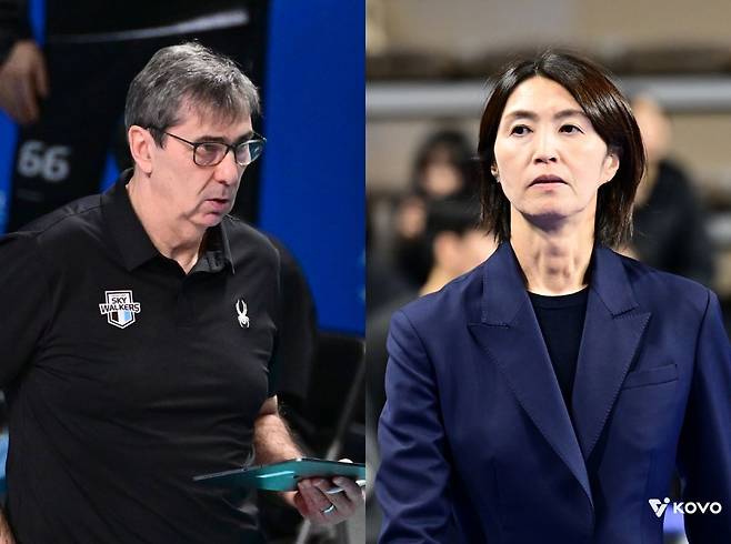 필립 블랑 현대캐피탈 감독(왼쪽)과 요시하라 토모코 흥국생명 감독. 한국배구연맹(KOVO) 제공