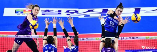 인천 흥국생명의 레베카(왼쪽)와 화성 IBK기업은행의 빅토리아가 여자 프로배구 4라운드 MVP 수상을 놓고 경쟁한다. KOVO 제공