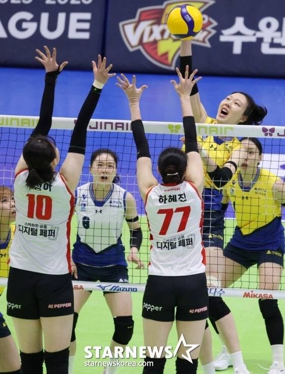 양효진(오른쪽)이 상대 블로킹을 피해 공격을 시도하고 있다. /사진=김진경 대기자