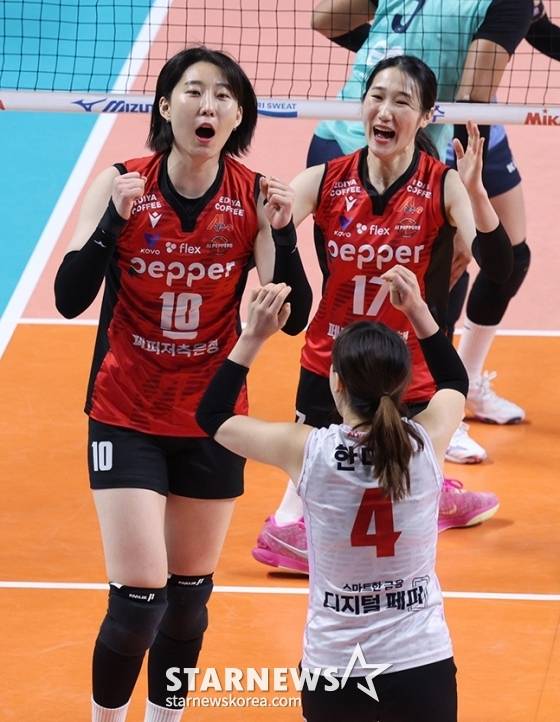 박정아(왼쪽)가 공격 성공 후 기뻐하고 있다. /사진=김진경 대기자