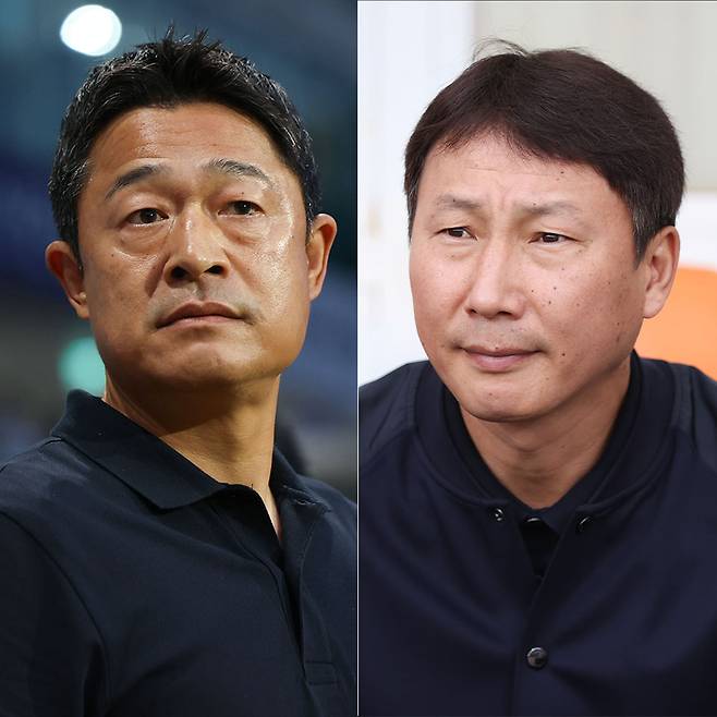 이민성(왼쪽) 대한민국 U-23 축구대표팀 감독과 김상식 베트남 U-23 축구대표팀 감독. /사진=한국프로축구연맹 제공