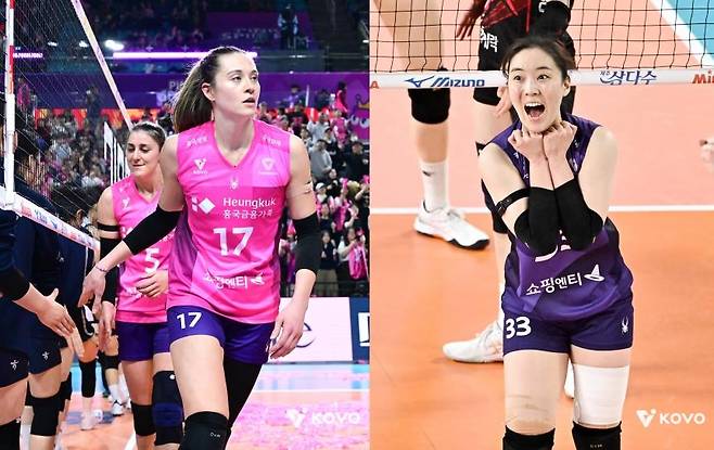 흥국생명의 레베카(왼쪽)와 이나연 [한국배구연맹 제공. 재판매 및 DB 금지]