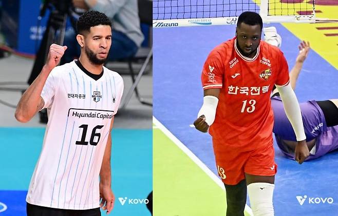 현대캐피탈의 레오(왼쪽)와 한국전력의 베논 [한국배구연맹 제공. 재판매 및 DB 금지]