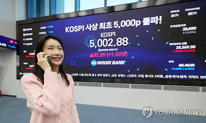장중 사상 첫 5,000선 돌파한 코스피 (서울=연합뉴스) 코스피가 장중 5,000을 넘어선 가운데 22일 오전 서울 중구 우리은행 딜링룸에서 딜러가 미소 짓고 있다. 2026.1.22 [우리은행 제공. 재판매 및 DB 금지] photo@yna.co.kr