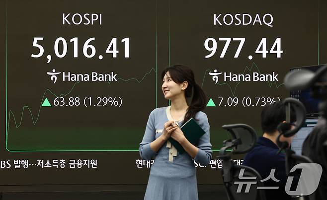 23일 서울 중구 하나은행 딜링룸 전광판에 코스피 시황이 표시되고 있다. 이날 코스피는 전 거래일 대비 31.55p(0.64%) 오른 4952.53, 코스닥은에 6.80p(0.70%) 상승한 977.15에 거래를 시작했다. 2026.1.23/뉴스1 ⓒ News1 김도우 기자