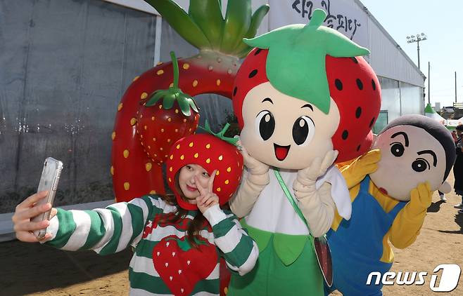 충남 논산시 대교동 논산천 둔치에서 열린 ‘2019 논산 딸기 축제’ 행사장을 찾은 시민들이 딸기 캐릭터 인형과 사진을 찍고 있다. 2019.3.24/뉴스1 ⓒ News1