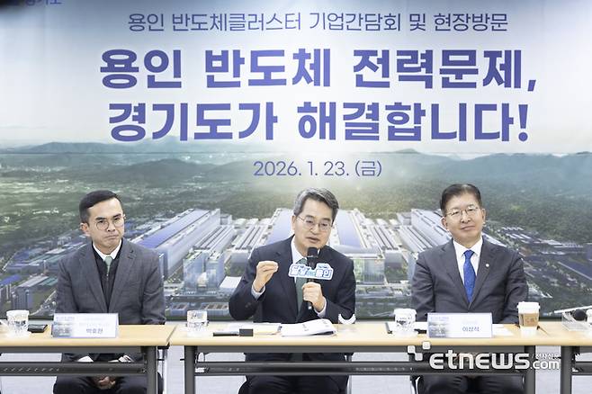 김동연 경기지사(가운데)가 23일 용인시 처인구 원삼면 일원에 조성 중인 용인 반도체클러스터 일반산업단지 현장사무소를 방문해 인사말을 하고 있다.