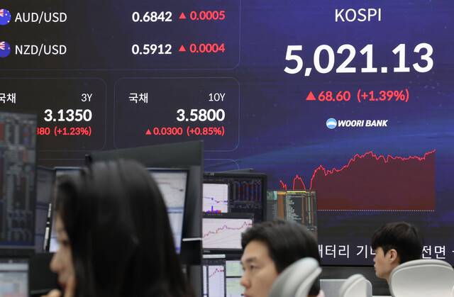 23일 오전 서울 중구 우리은행 딜링룸에서 딜러들이 업무를 보고 있다. 연합뉴스