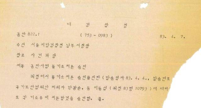 1983년 당시 대검찰청이 이동섭(72)씨와 고 박광순씨를 국가보안법 위반 혐의로 기소유예 처분한 기록. 이동섭 측 제공