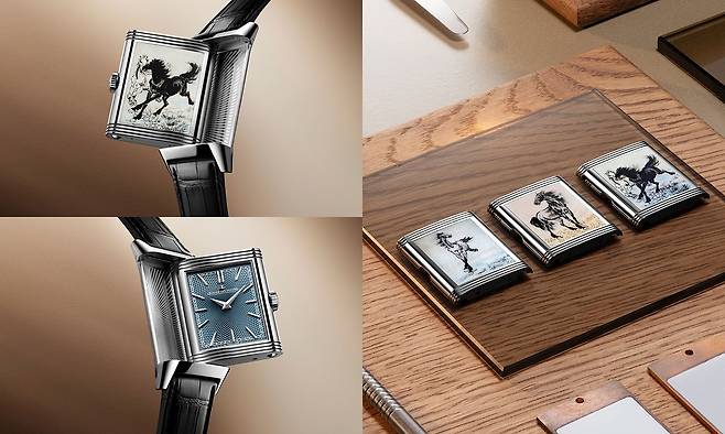 예거 르쿨트르 ‘리베르소 트리뷰트 에나멜 쉬베이훙’ 3종은 모두 시와 분만 표시한다. 시계를 뒤집으면 쉬베이훙의 회화가 미니어처 페인팅으로 섬세하게 구현된 모습을 확인할 수 있다. 사진 예거 르쿨트르