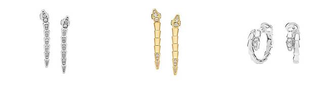왼쪽부터 세르펜티 바이퍼 이어링 화이트 골드 버전과 옐로 골드 버전, 후프 형태의 세르펜티 바이퍼 이어링. 롱 드롭 실루엣의 세르펜티 바이퍼 이어링은 움직일 때마다 삼각 모티브가 유연하게 흔들린다. 사진 불가리