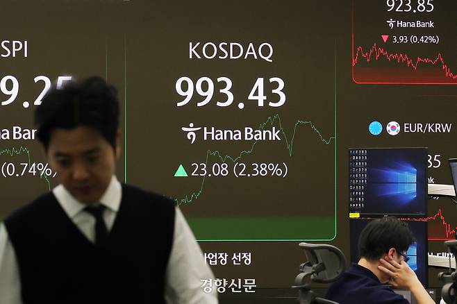 코스닥이 2% 넘게 상승하며 강세를 보인 23일 서울 중구 하나은행 딜링룸에 종가가 표시돼 있다. 이날 코스닥은 993.43으로 장을 마감했다. 정효진 기자