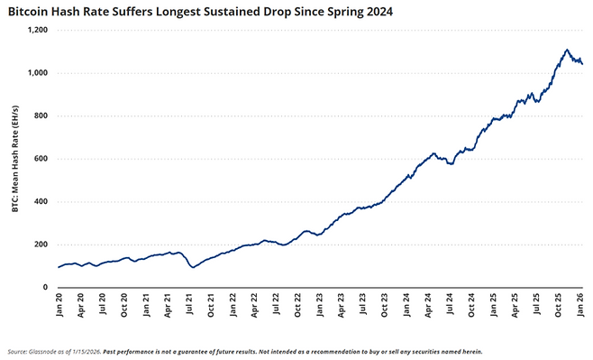 비트코인 해시레이트(채굴 연산력)가 2024년 이후 가장 긴 하락세를 기록했다. 채굴업체들이 수익성이 높은 AI 데이터센터로 전력을 돌리면서 채굴 난이도와 해시레이트가 동반 하락하고 있다. [자료=글래스노드, 반에크]