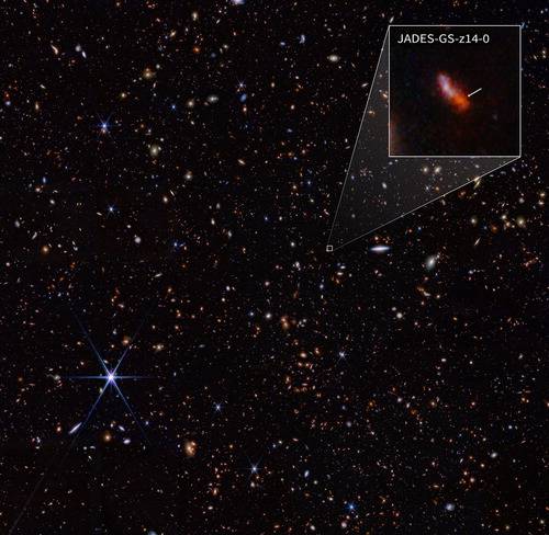 2024년 미 항공우주국(NASA)이 공개한 'JADES-GS-z14-0' 은하의 모습. 빅뱅 이후 3억년가량 지난 은하이며, 현재까지 관측된 은하 중 가장 먼 곳에 있다.  NASA