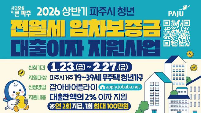 파주시 청년 전월세 임차보증금 대출이자 지원사업 안내문. /사진제공=파주시