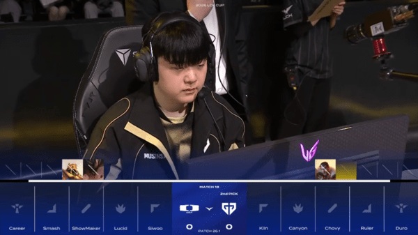 24일 한화생명이 서울 종로구 소재 LoL파크에서 열린 2026 LCK컵 그룹 배틀 2주 차 경기 젠지(GEN) 와 디플러스 기아(DK) 1세트 경기에서 젠지(GEN)가 1승을 쟁취했다. /사진=네이버 치지직 라이브 영상 캡처