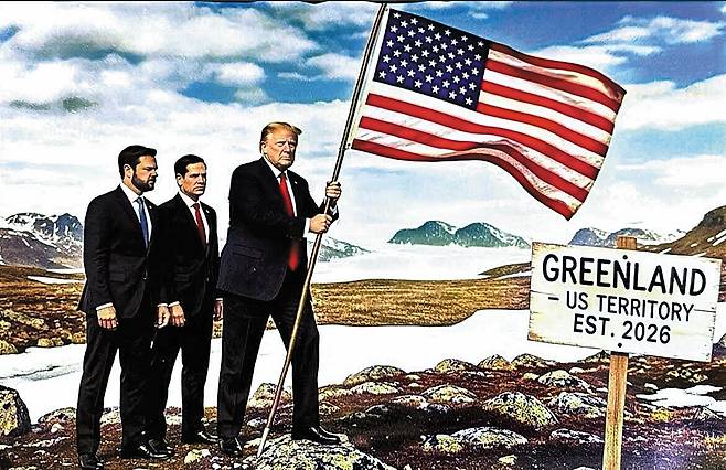 20일 도널드 트럼프 미국 대통령이 소셜미디어에 올린 합성 사진. ‘그린란드-2026년부터 미국 영토’라는 문구가 적힌 팻말 앞에 트럼프가 성조기를 들고 서있다. 뒤는 JD 밴스 부통령과 마코 루비오 국무장관. /트루스소셜