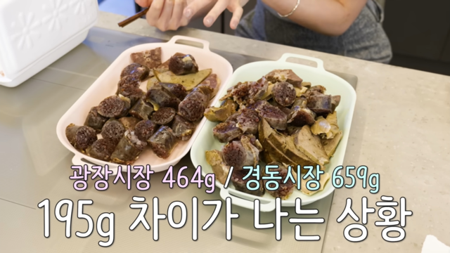 김민지 아나운서가 운영하는 유튜브 채널 ‘밍키코’가 비교한 광장시장과 경동시장의 순대. 영상 캡쳐