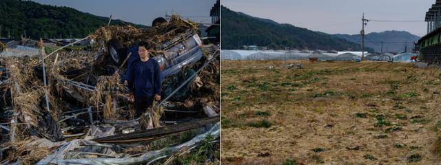 지난해 7월 24일, 딸기 재배 농민 김현우(40·왼쪽 사진)씨가 아수라장으로 변한 비닐하우스 터에 서 있다. 그의 트럭과 농자재가 흙더미 속에서 뒤엉킨 채 널브러져 있다. 당시 어머니와 함께 급류에 휩쓸렸다 4시간 만에 구조된 그는 “살아 돌아와 마주한 삶이 오히려 지옥 같았다”고 토로했다. 오른쪽 사진은 올해 1월 17일, 김씨가 떠나고 공터로 남은 같은 장소. 임차농이라는 이유로 지원의 사각지대에 놓인 그는 빈손으로 이곳을 떠나야 했다. 김씨는 지금 신안면을 떠나 인근 생비량면에 농토를 임대해 새 터를 꾸리고 있다. 산청=하상윤 기자