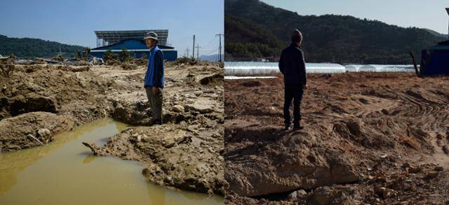 지난해 7월 24일, 특수목 재배 농민 이모(67·왼쪽 사진)씨가 급류에 려간 농장에 망연자실하게 서 있다. 오른쪽 사진은 올해 1월 16일, 같은 자리에 선 이씨. 아들의 병세가 악화되며 끝내 복구를 포기한 그의 농장은 황무지가 됐다. 산청=하상윤 기자