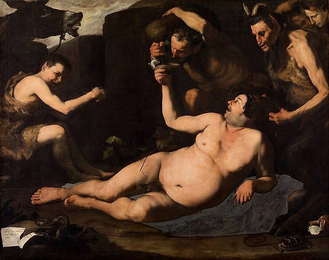 술 취한 실레누스 (1626). 신화 속 인물을 나폴리 길거리의 뚱뚱한 주정뱅이처럼 그린 작품이다. 늘어진 뱃살과 흐릿한 눈동자의 묘사를 통해 주세페가 추구한 '추함의 리얼리즘'을 극명하게 보여준다. / 이탈리아 카포디몬테 국립박물관