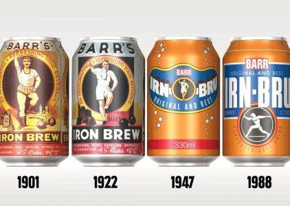 아이언 브루 포장 디자인의 변천사. 노동자들의 음료로 시작한 만큼, 강인한 남성 이미지를 앞세웠다. 스코츠먼 홈페이지 캡처