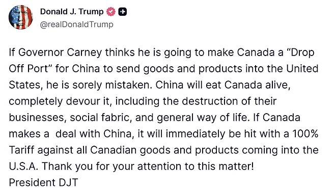 도널드 트럼프 대통령이 22일 소셜미디어 트루스소셜에 올린 게시물./트루스소셜