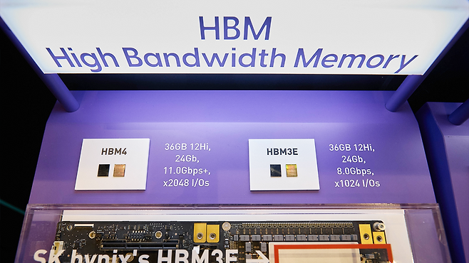 SK하이닉스가 지난해 11월 서울 강남구 코엑서에서 열린 ‘SK AI 서밋 2025’에서 전시한 HBM3E와 HBM4. [SK하이닉스 제공]