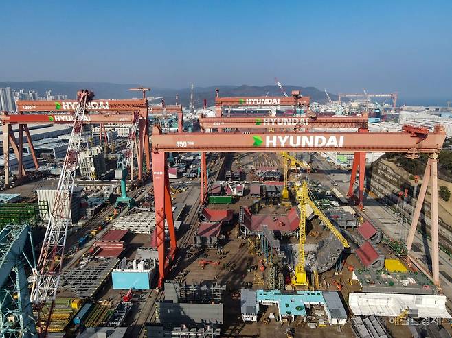 외국인 보유주식 비중이 37%를 돌파하며 5년 9개월여 만에 최대치를 기록했다. 반도체를 비우고 이달 조선·방산·원전을 담으며 매집에 집중하는 모습이다. 사진은 HD현대중공업 울산 조선소 전경. [HD현대 제공]