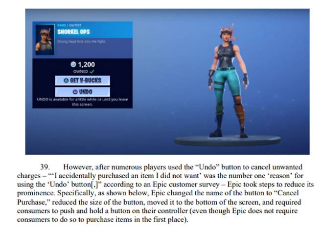 FTC가 불법적인 다크패턴의 예시로 제공한 포트나이트 게임 화면. 혼란스러운 버튼 배치로 사용자들이 의도치 않게 구매하도록 유도했다. FTC 자료 캡처