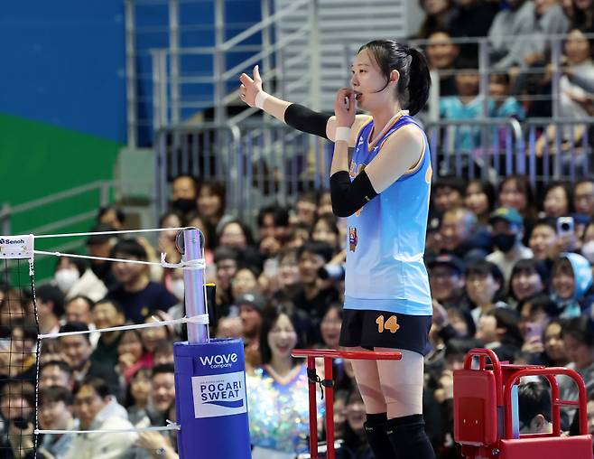 25일 강원 춘천시 호반체육관에서 열린 프로배구 ‘진에어 2025∼2026 V-리그 올스타전’에서 현대건설 양효진이 주심을 보고 있다. 연합뉴스