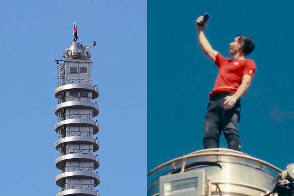 미국의 유명 등반가 알렉스 혼널드(40)가 보호 장비 없이 맨몸으로 세계 최고층 빌딩 중 하나인 대만 타이베이 101을 등반해 사진을 찍고 있다. 연합뉴스/X 갈무리