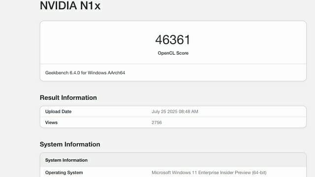 지난 7월 말 수행된 엔비디아 N1X 긱벤치 오픈CL 테스트 결과. Arm용 윈도11에서 실행됐다.