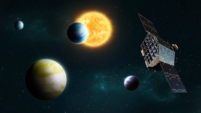 유럽우주국(ESA)의 플라토 임무 상상도. 2026년 말 발사된 플라토는 20만개 이상의 밝은 별을 관측하며 물이 존재할 수 있는 온도의 ‘지구형 행성’을 찾을 예정이다. /ESA