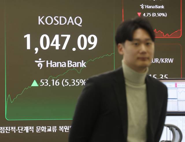 코스닥 급등에 매수 사이드카가 발동된 26일 서울 중구 하나은행 딜링룸 현황판에 코스닥 지수 등이 표시되고 있다. [연합뉴스]