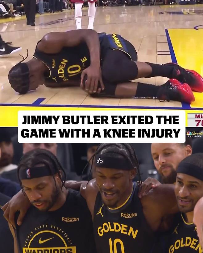 골든스테이트 버틀러(위)가 20일 체이스 센터에서 열린 마이애미와의 2025~26 NBA 정규리그 홈경기 3쿼터 중 무릎을 다쳐 코트를 떠났다. 그는 부상 이후 농담을 주고받으며 경기장을 떠난 거로 알려졌다. 그는 최종 십자인대 파열 부상으로 시즌 아웃 판정을 받았다. 사진=ESPN