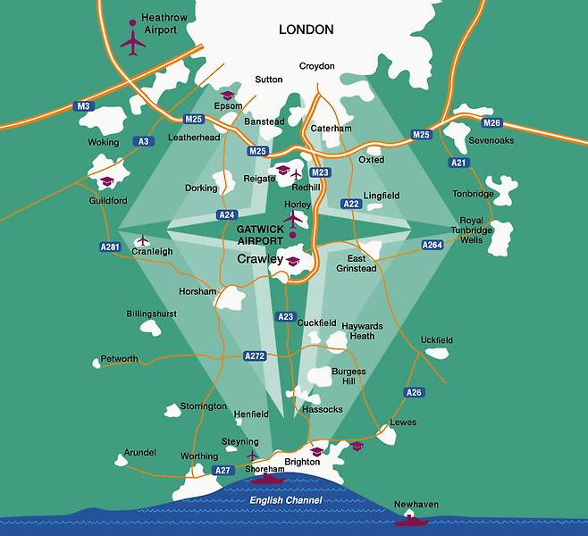 ▲ 7개 지방정부, 기업, 개트윅공항이 공동체로 마련한 경제 전략인 '개트윅 다이아몬드' 그래픽. 영국 런던 대도시, 히스로공항 중심 체계에서 벗어나 새로운 성장 가능성을 보여줬다.