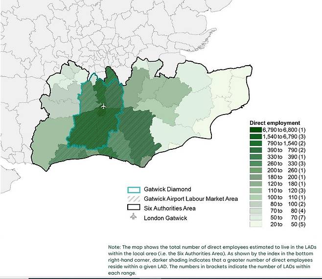 ▲ 영국 정부가 발간한 개트윅공항 일대 일자리 창출 지도. 음영이 진할수록 성과가 많다는 의미다. '개트윅 다이아몬드'로 구성(파란색 줄 표시)된 권역이 가장 진하게 표시돼있다.