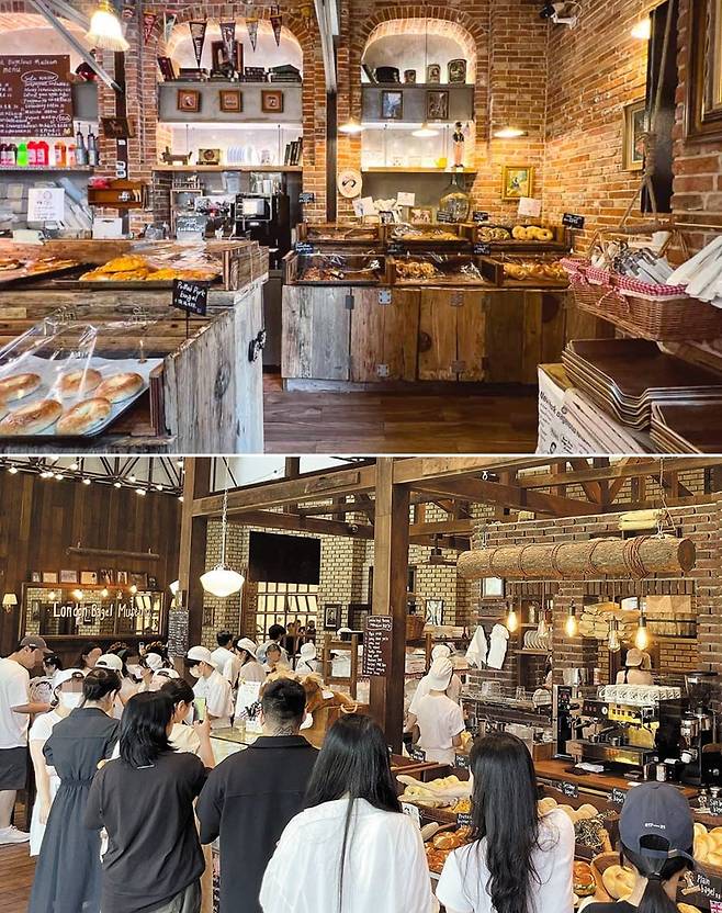 카피 의혹이 불거진 뉴욕 베이글러스 뮤지엄(위)과 런던 베이글 뮤지엄 내부 모습. 인테리어 톤과 분위기가 유사하다. /놈플루언스·롯데백화점