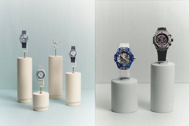 고급 시계 제작에 공격적으로 투자를 시작한 미국 태생의 하이 주얼러 티파니의 출품작(왼쪽)과 '융합의 예술(Art of Fusion)'을 내세우며 신소재 발굴 및 무브먼트 개발 등 파인 워치 제작 정공법으로 주목 받은 위블로의 신작. 사진 LVMH
